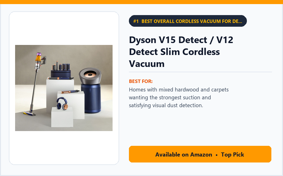Dyson V15 Detect / V12 Detect Slim Cordless Vacuum - Best Overall Cordless Vacuum for Deep Suction & Hard-Floor Dust Detection (Best Cordless Vacuum Cleaners 2026)