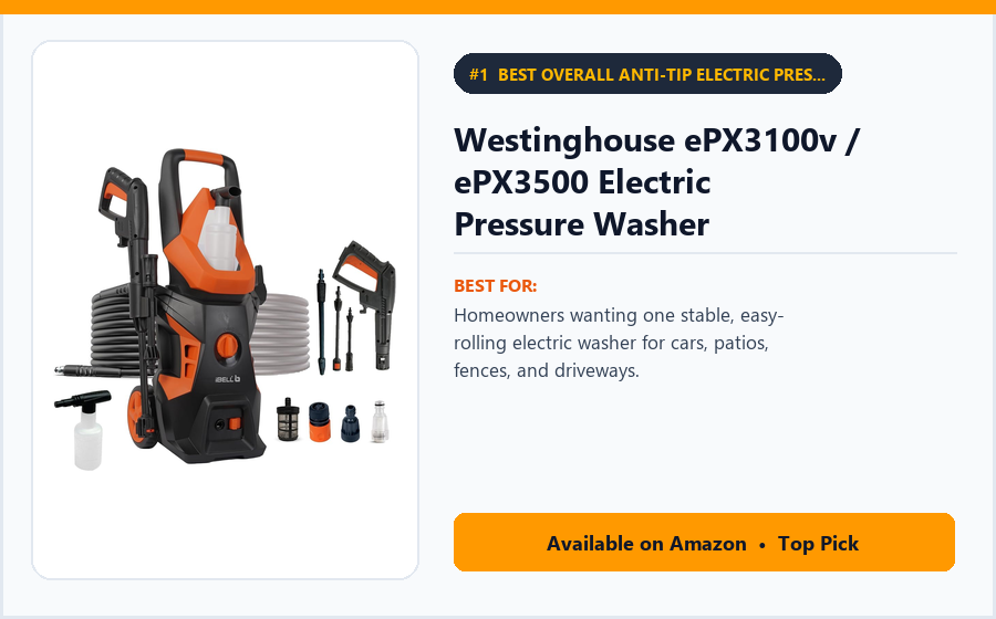 Westinghouse ePX3100v / ePX3500 Electric Pressure Washer - Best Overall Anti-Tip Electric Pressure Washer for Home & Car (Best Pressure Washers for Home Use 2026)