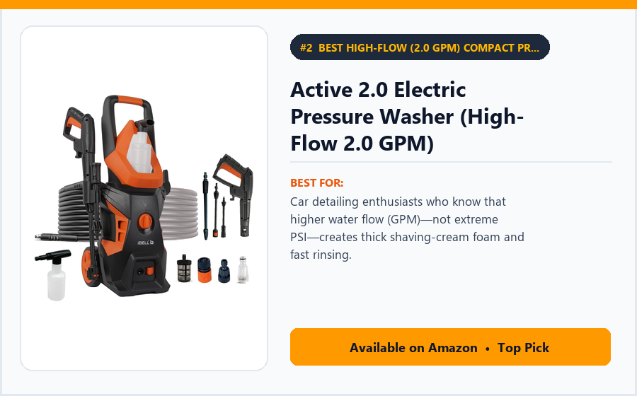 Active 2.0 Electric Pressure Washer (High-Flow 2.0 GPM) - Best High-Flow (2.0 GPM) Compact Pressure Washer for Car Washing & Foam (Best Pressure Washers for Home Use 2026)