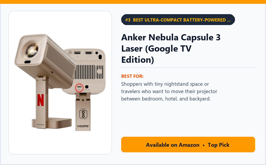 Anker Nebula Capsule 3 Laser (Google TV Edition) - Best Ultra-Compact Battery-Powered Laser Mini Projector (Best Mini Projectors for Bedrooms 2026)