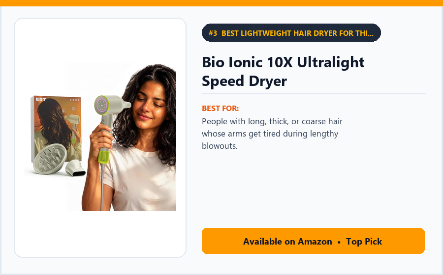Bio Ionic 10X Ultralight Speed Dryer - Best Lightweight Hair Dryer for Thick, Frizzy Hair (Best Hair Dryers for Frizzy Hair 2026)