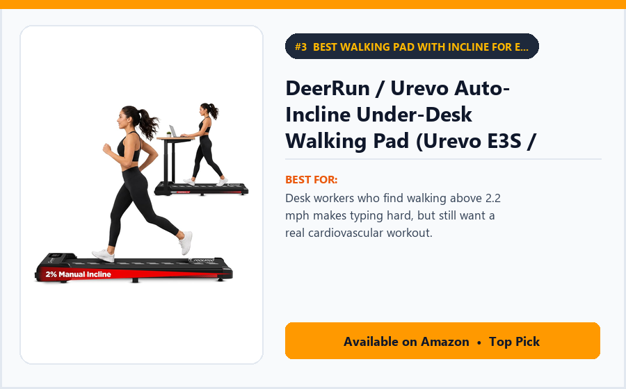 DeerRun / Urevo Auto-Incline Under-Desk Walking Pad (Urevo E3S / CyberPad) - Best Walking Pad with Incline for Extra Calorie Burn (Best Walking Pads for Home & Office 2026)