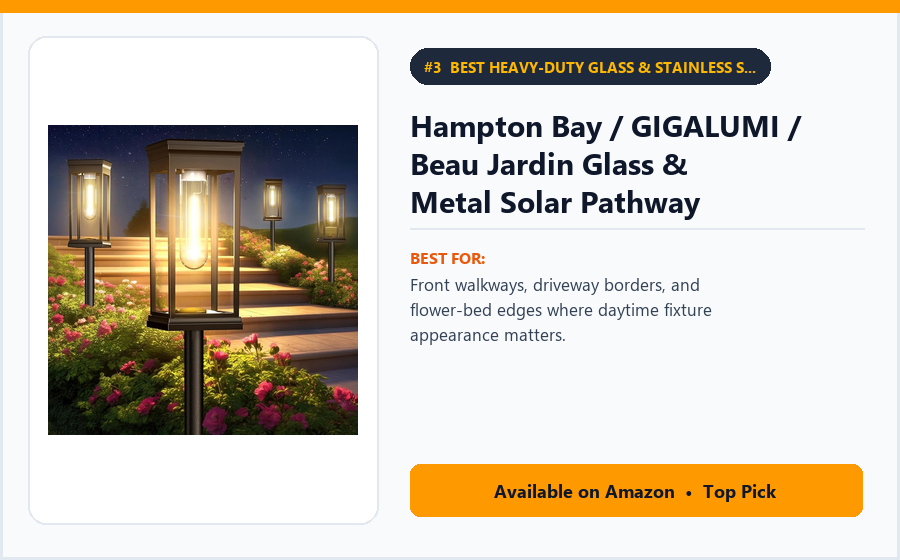 Hampton Bay / GIGALUMI / Beau Jardin Glass & Metal Solar Pathway Lights (8-Pack) - Best Heavy-Duty Glass & Stainless Steel Solar Walkway Lights (Best Solar Garden Lights 2026)