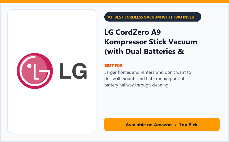 LG CordZero A9 Kompressor Stick Vacuum (with Dual Batteries & Stand) - Best Cordless Vacuum with Two Included Batteries & Freestanding Dock (Best Cordless Vacuum Cleaners 2026)