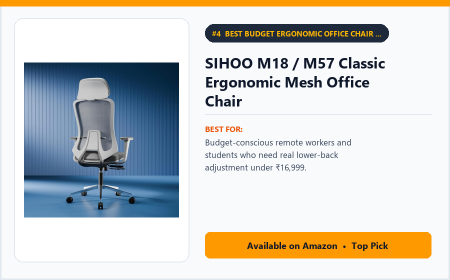 SIHOO M18 / M57 Classic Ergonomic Mesh Office Chair - Best Budget Ergonomic Office Chair Under ₹16,999 (Best Ergonomic Office Chairs 2026)