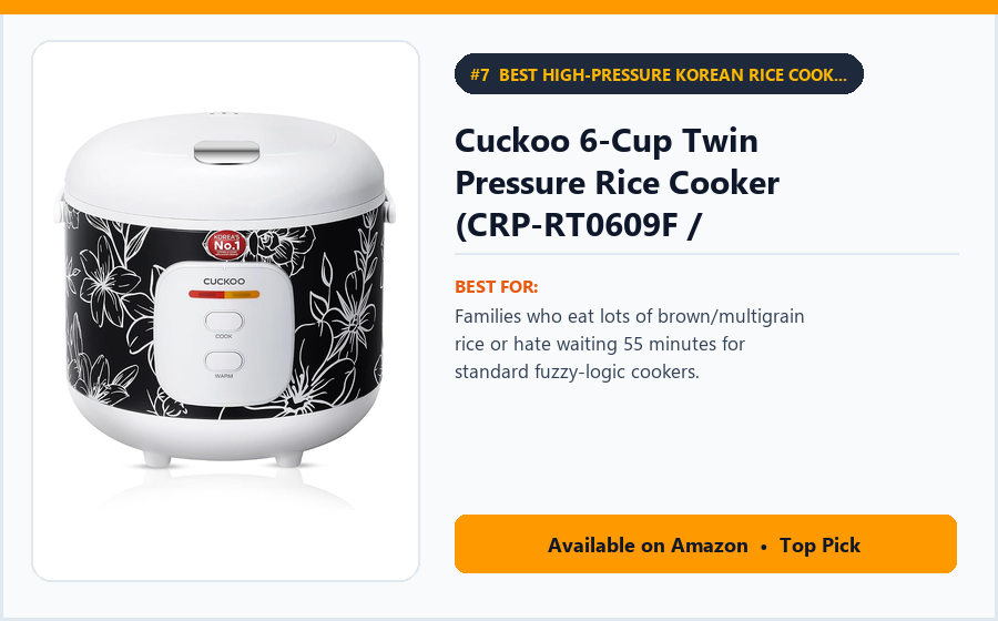 Cuckoo 6-Cup Twin Pressure Rice Cooker (CRP-RT0609F / CRP-P0609S) - Best High-Pressure Korean Rice Cooker (Fast 20-Min White & Soft Brown Rice) (Best Rice Cookers for Small Families 2026)
